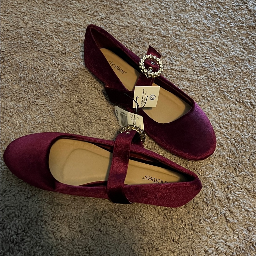Journee Collection Maroon Velvet Flats with Crystal Buckle